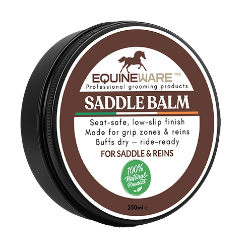 Saddle balm for rider grip and leather protection